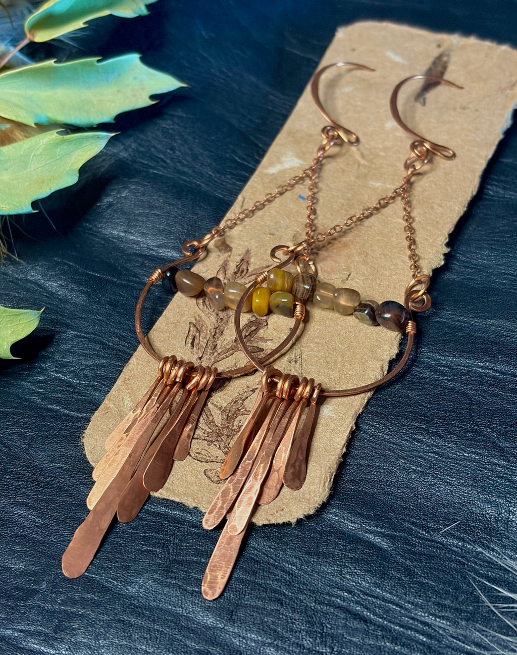 Botswana Agate & Hammered Copper Chandelier Earrings | Handmade