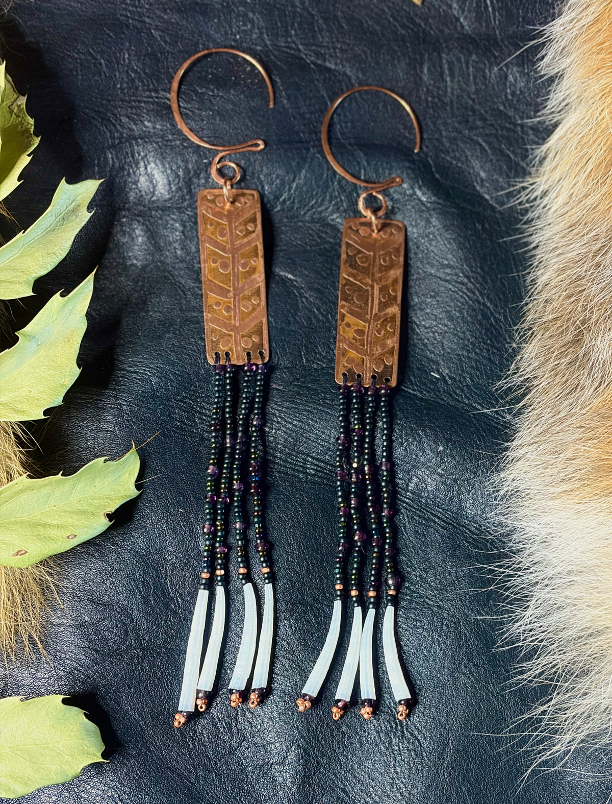 Nocturne | Etched Copper & Dentalium Beaded Fringe Earrings | Thorn