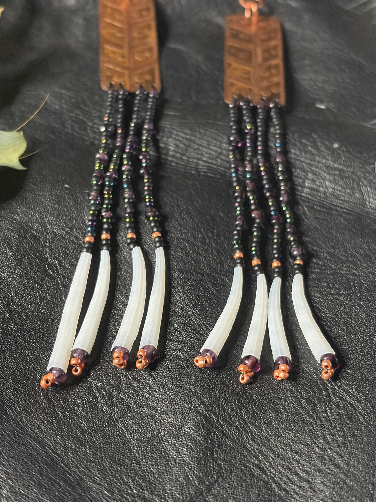 Nocturne | Etched Copper & Dentalium Beaded Fringe Earrings | Thorn