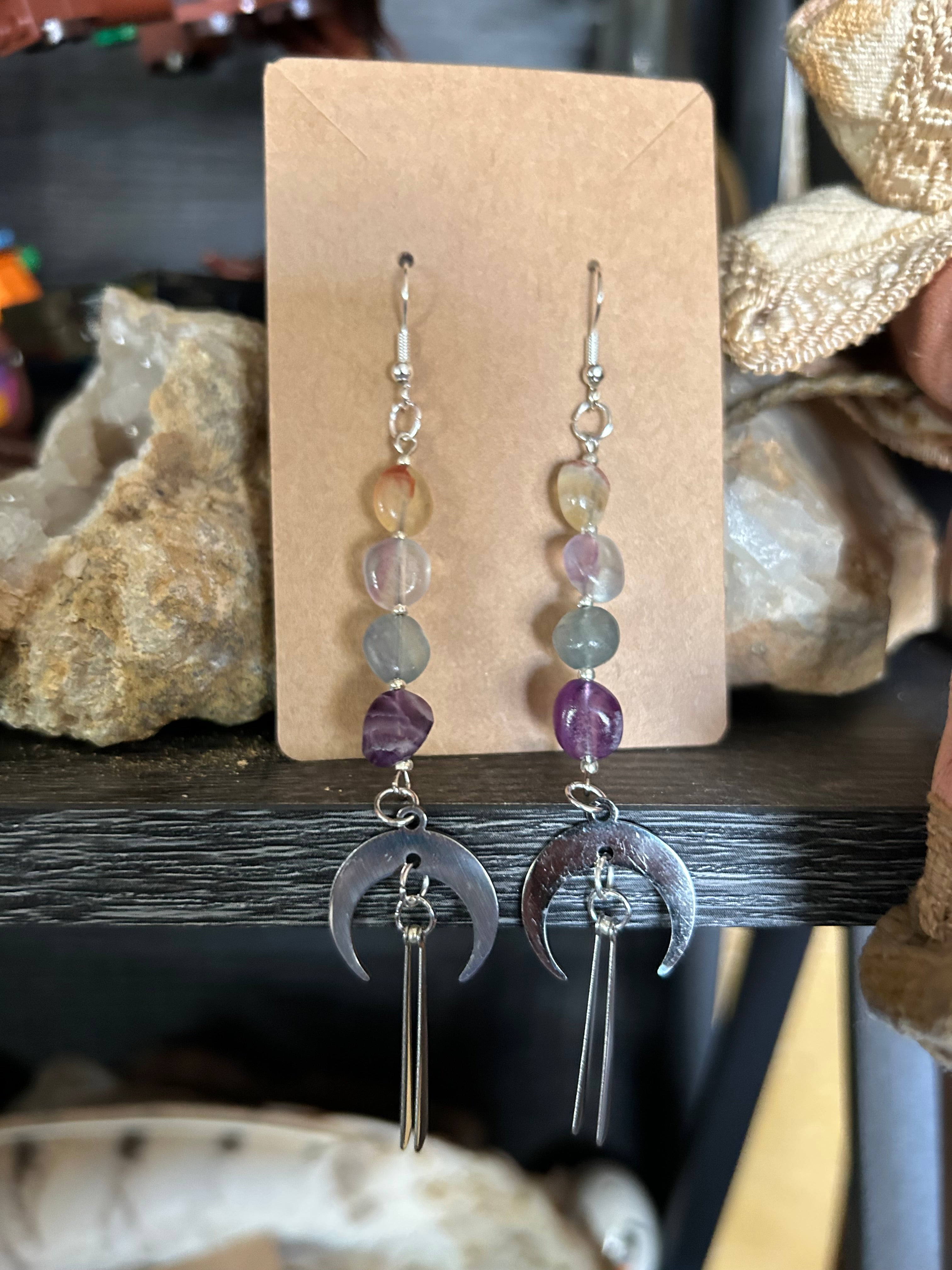 Colorful Fluorite & Silver Moon Charms