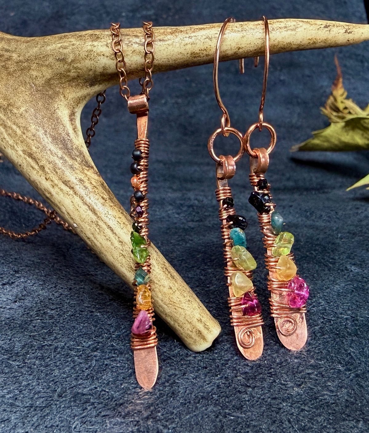 Wild Spectrum Hammered Copper & Tourmaline Jewelry Set | Necklace + Earrings