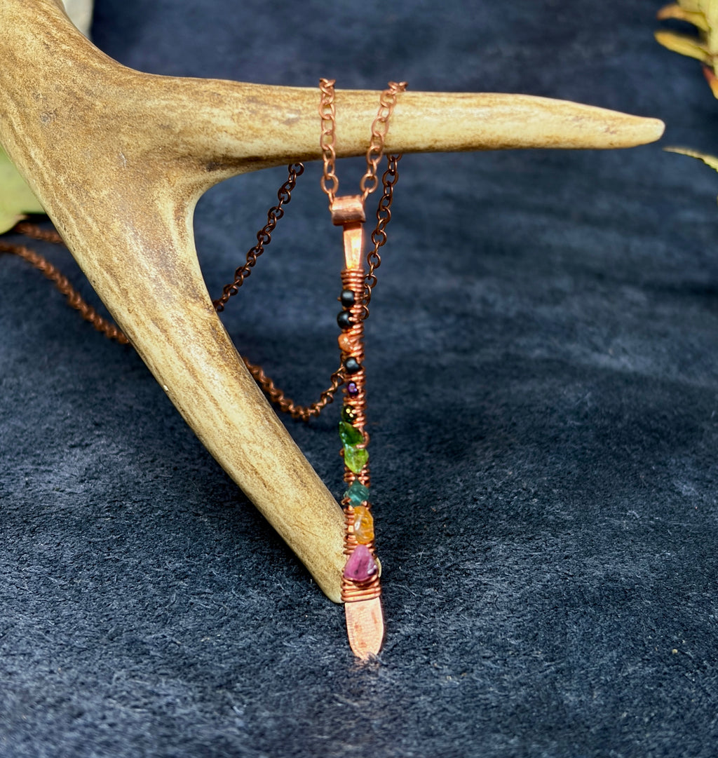 Hammered Copper & Grade A Tourmaline Pendant on Copper Chain Necklace — Handmade