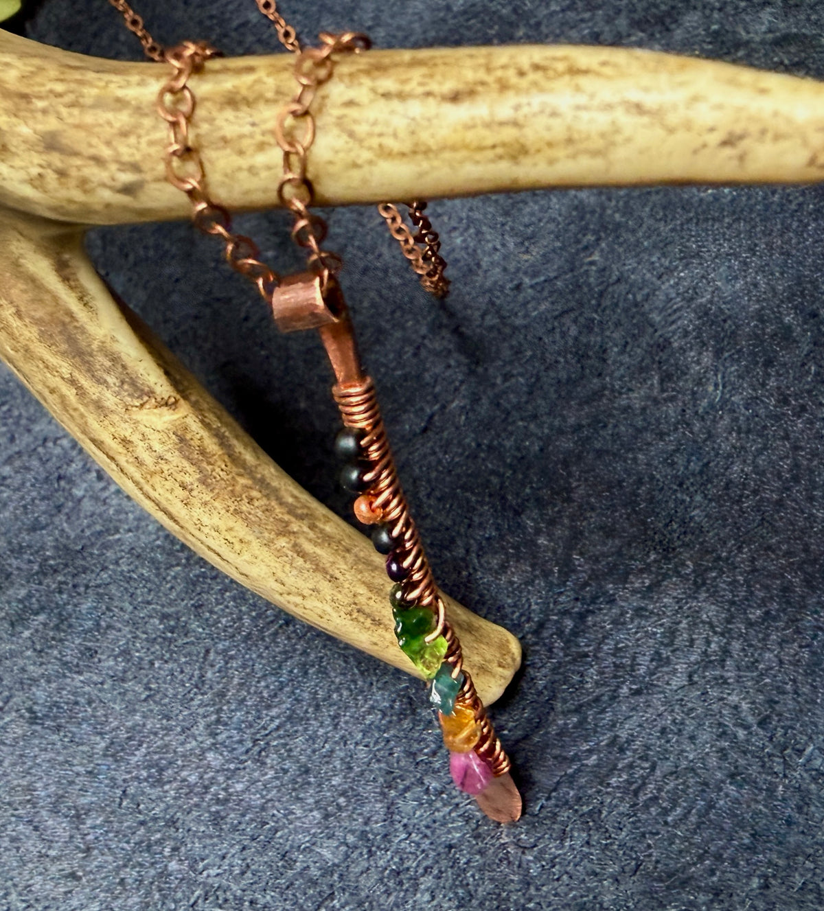Hammered Copper & Grade A Tourmaline Pendant on Copper Chain Necklace — Handmade