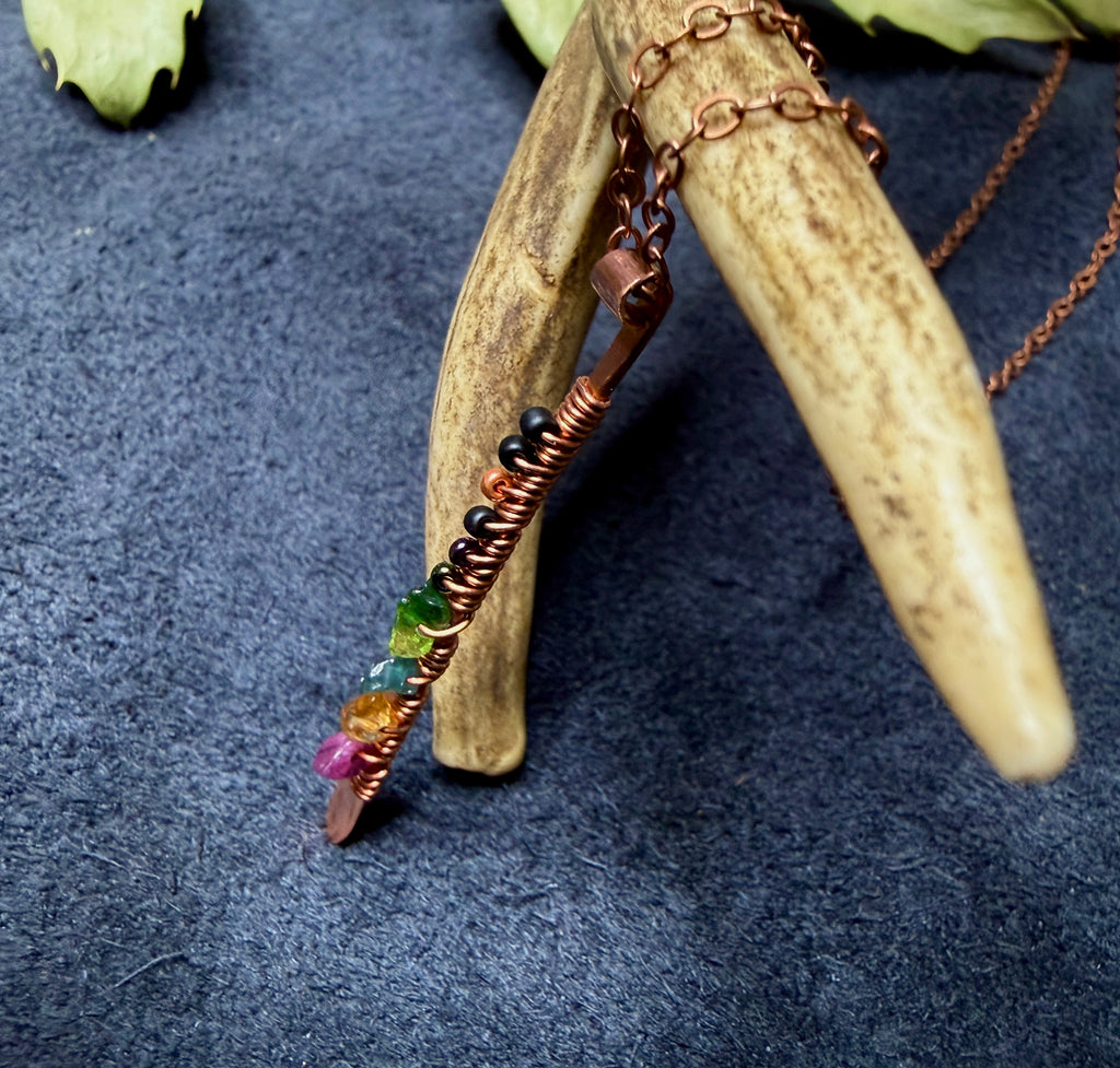 Hammered Copper & Grade A Tourmaline Pendant on Copper Chain Necklace — Handmade