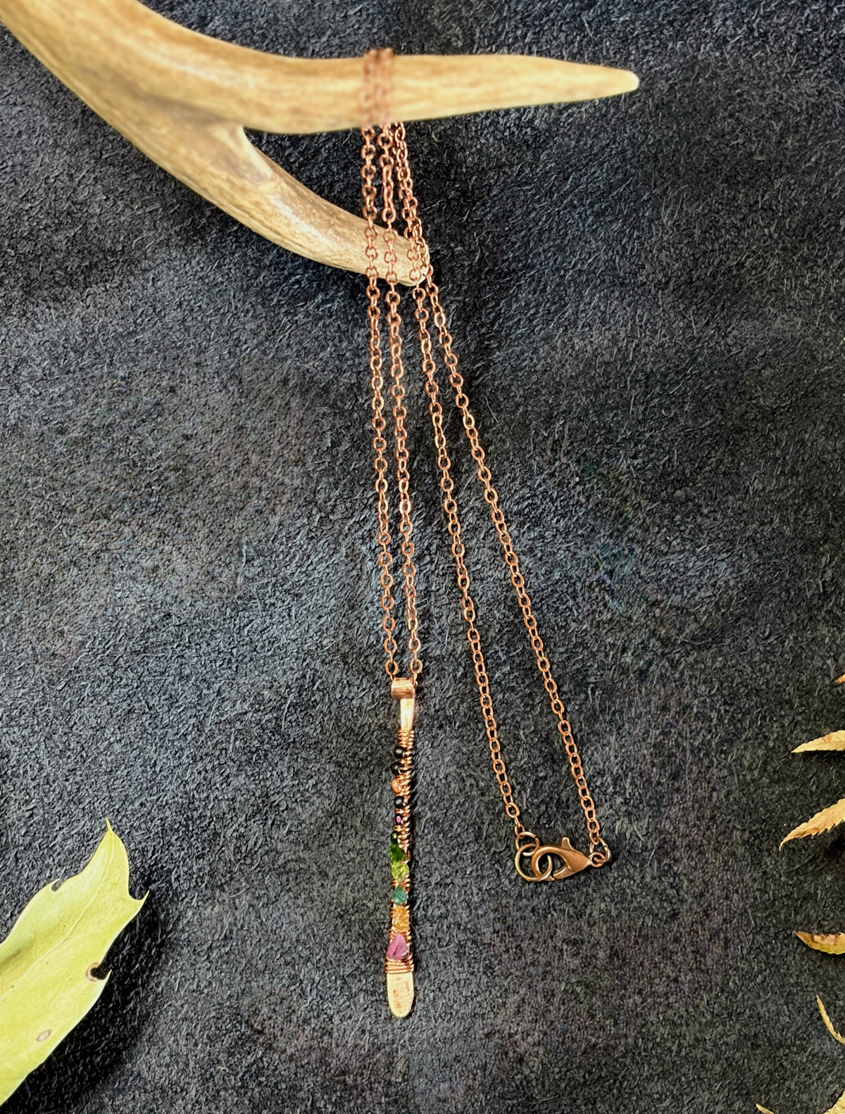 Hammered Copper & Grade A Tourmaline Pendant on Copper Chain Necklace — Handmade
