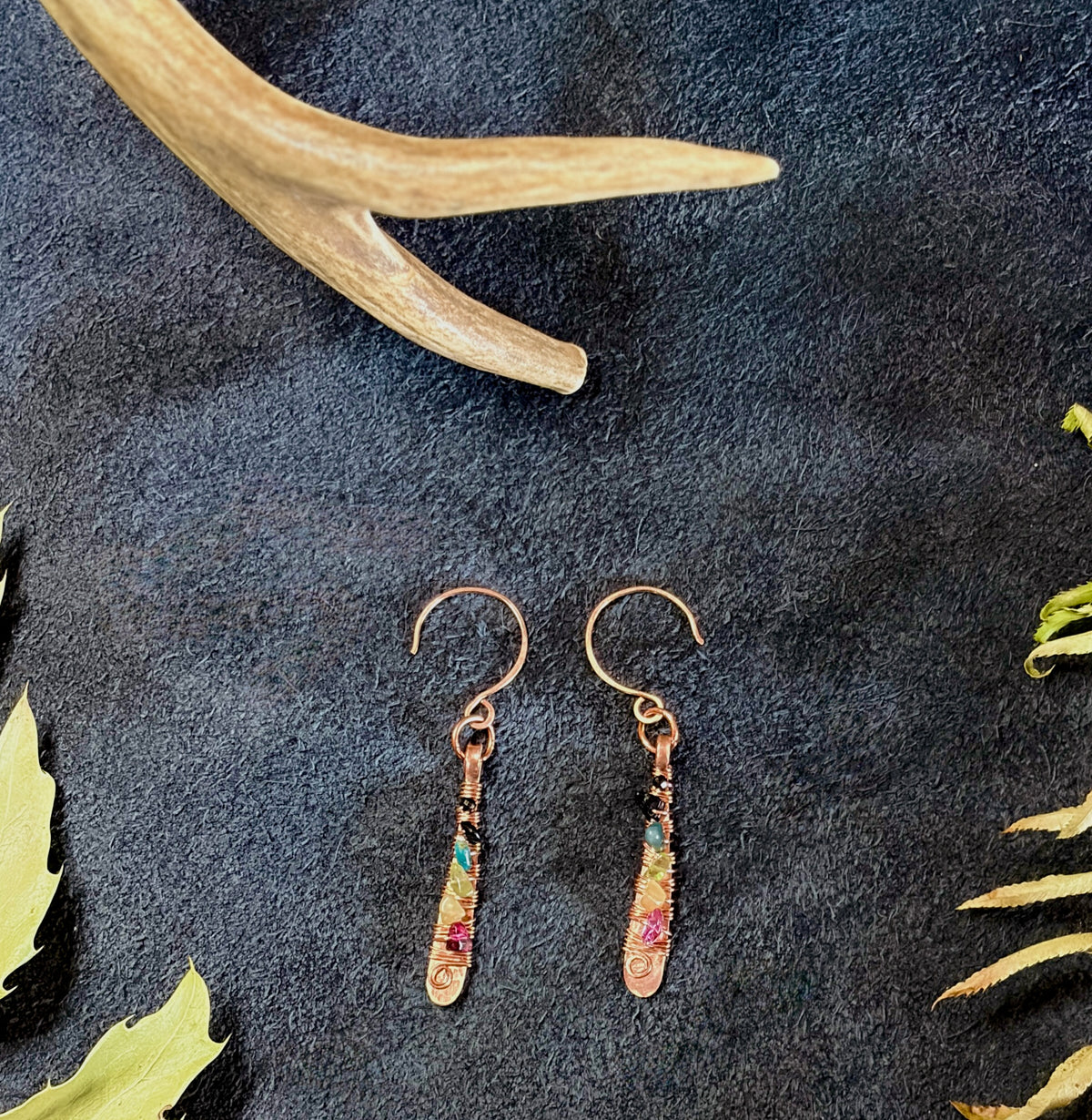 Hammered Copper Paddle Earrings with Tourmaline & Black Spinel | Handmade