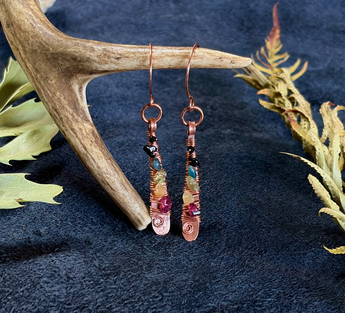Hammered Copper Paddle Earrings with Tourmaline & Black Spinel | Handmade
