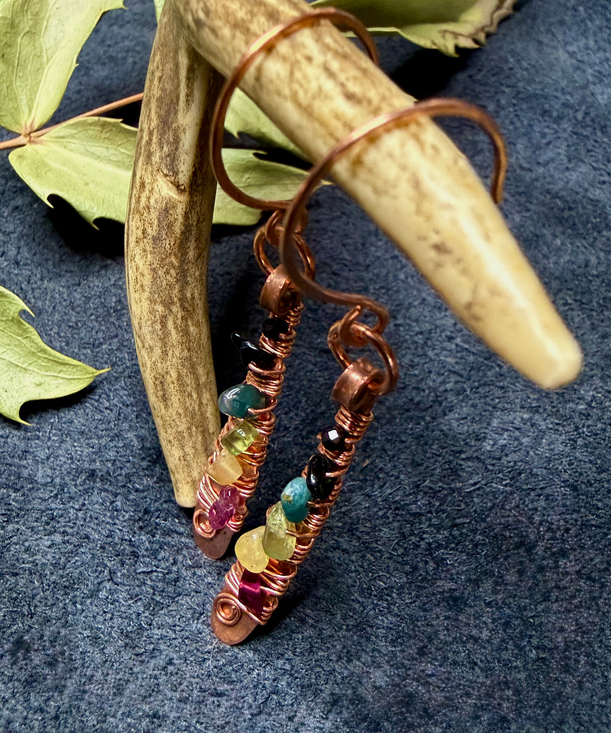 Hammered Copper Paddle Earrings with Tourmaline & Black Spinel | Handmade
