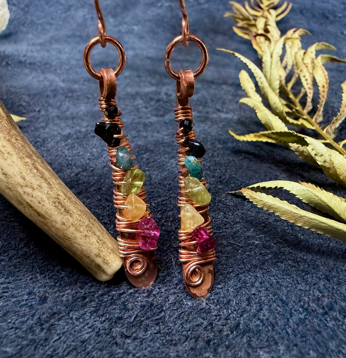 Hammered Copper Paddle Earrings with Tourmaline & Black Spinel | Handmade