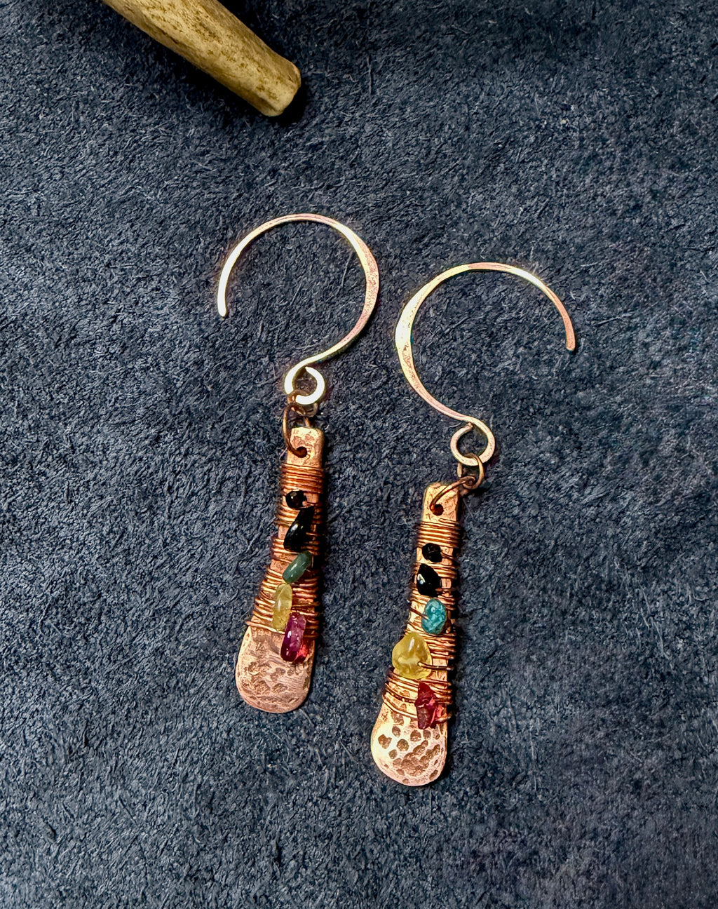 Hammered Copper Paddle Earrings with Multicolor Tourmaline | Hand Wrapped Gemstone Earrings