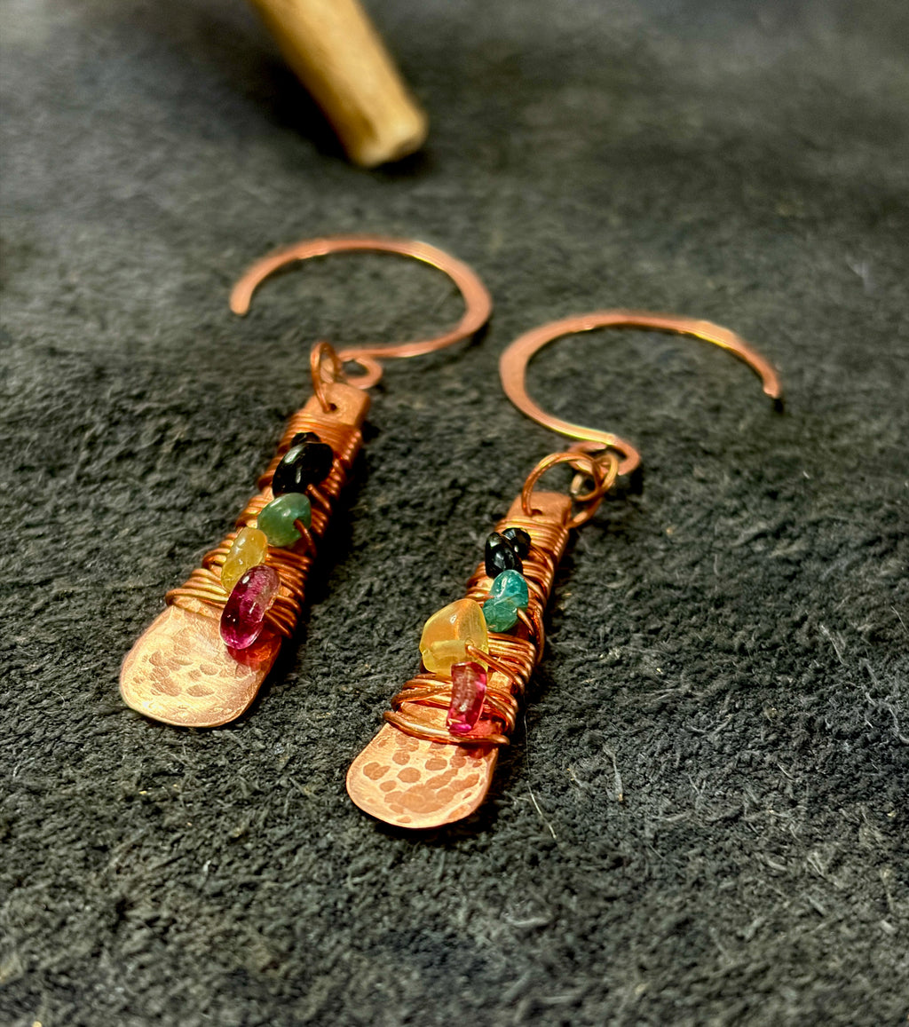 Hammered Copper Paddle Earrings with Multicolor Tourmaline | Hand Wrapped Gemstone Earrings