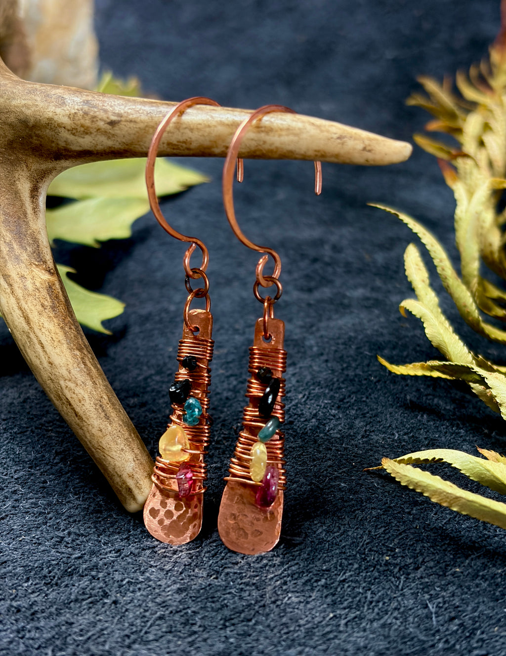 Hammered Copper Paddle Earrings with Multicolor Tourmaline | Hand Wrapped Gemstone Earrings