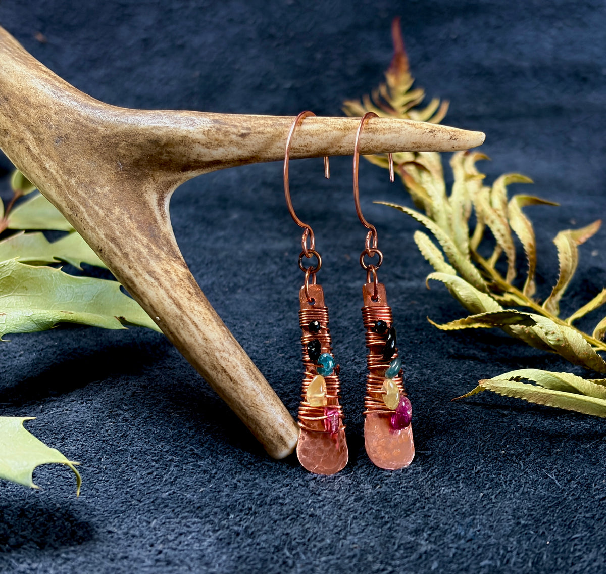Hammered Copper Paddle Earrings with Multicolor Tourmaline | Hand Wrapped Gemstone Earrings