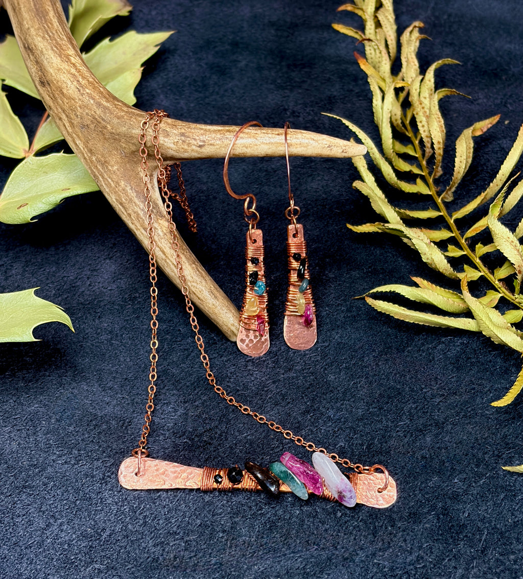 Hammered Copper & Multicolor Tourmaline Talisman Jewelry Set | Necklace + Earrings