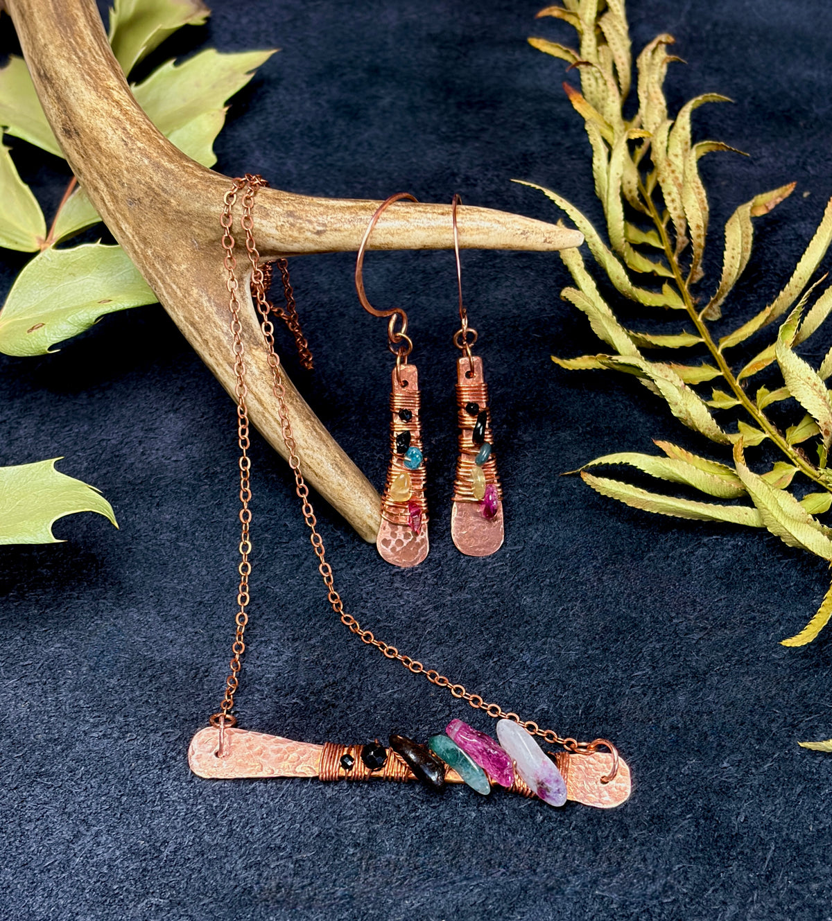 Hammered Copper & Multicolor Tourmaline Talisman Jewelry Set | Necklace + Earrings