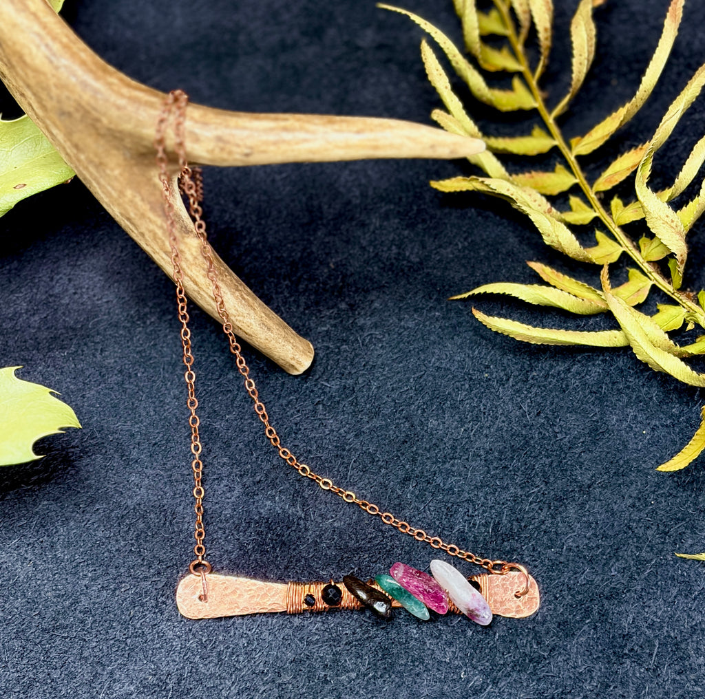 Hammered Copper Tourmaline Talisman Necklace | Multicolor Gemstone Bar Pendant