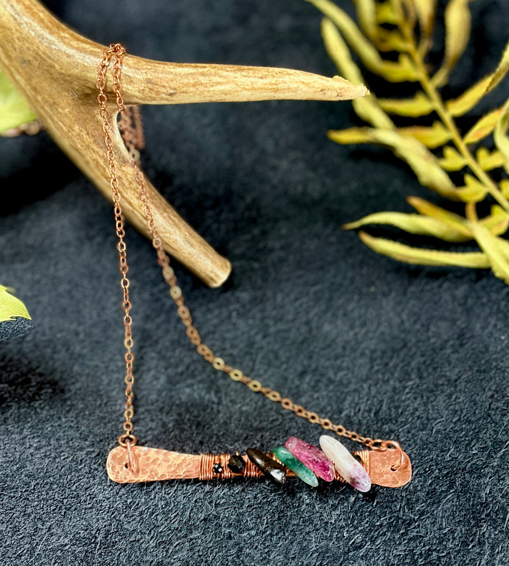Hammered Copper & Multicolor Tourmaline Talisman Jewelry Set | Necklace + Earrings