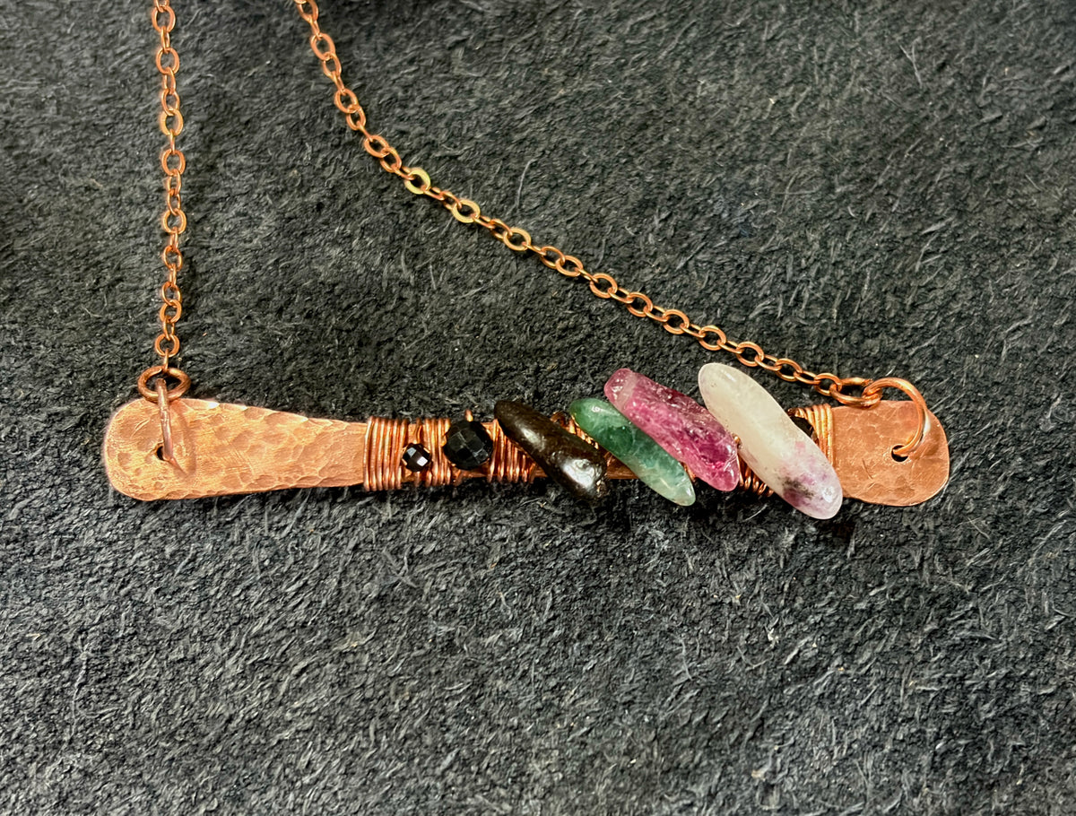 Hammered Copper Tourmaline Talisman Necklace | Multicolor Gemstone Bar Pendant