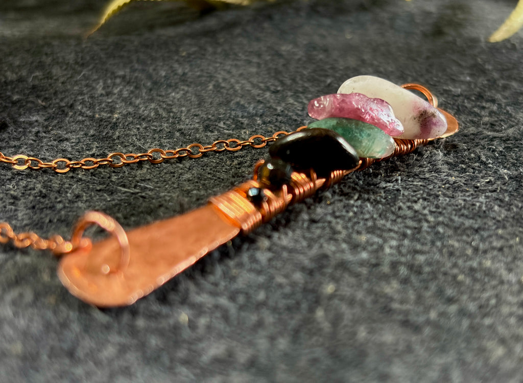 Hammered Copper Tourmaline Talisman Necklace | Multicolor Gemstone Bar Pendant