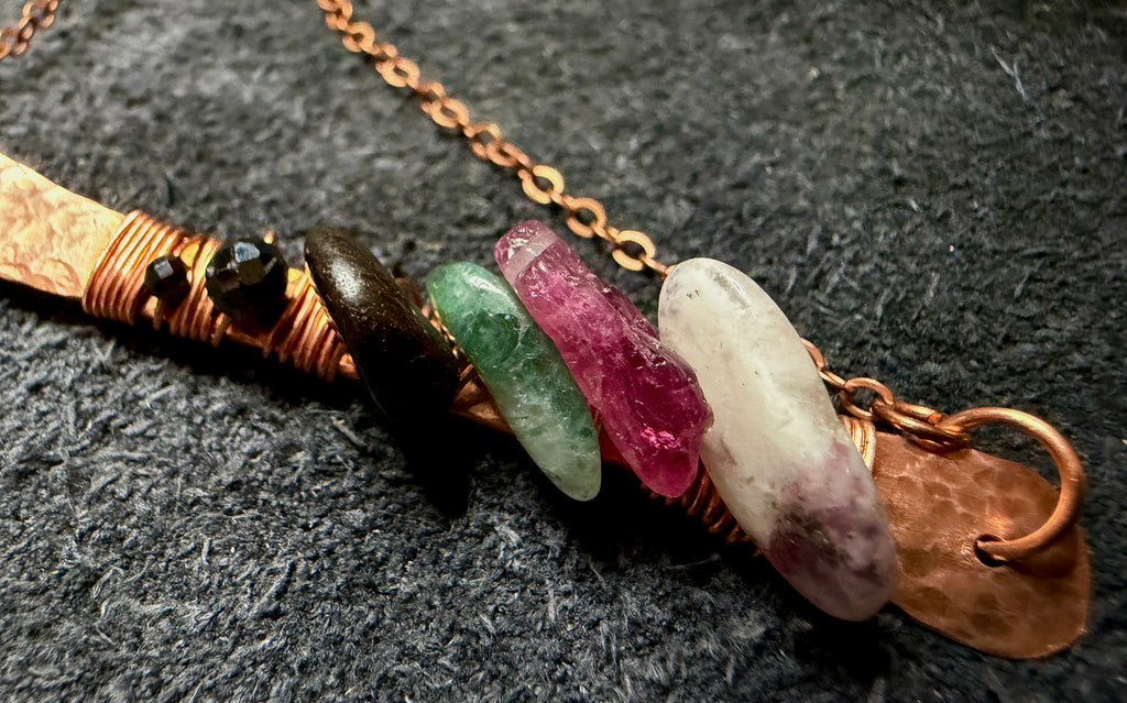 Hammered Copper Tourmaline Talisman Necklace | Multicolor Gemstone Bar Pendant