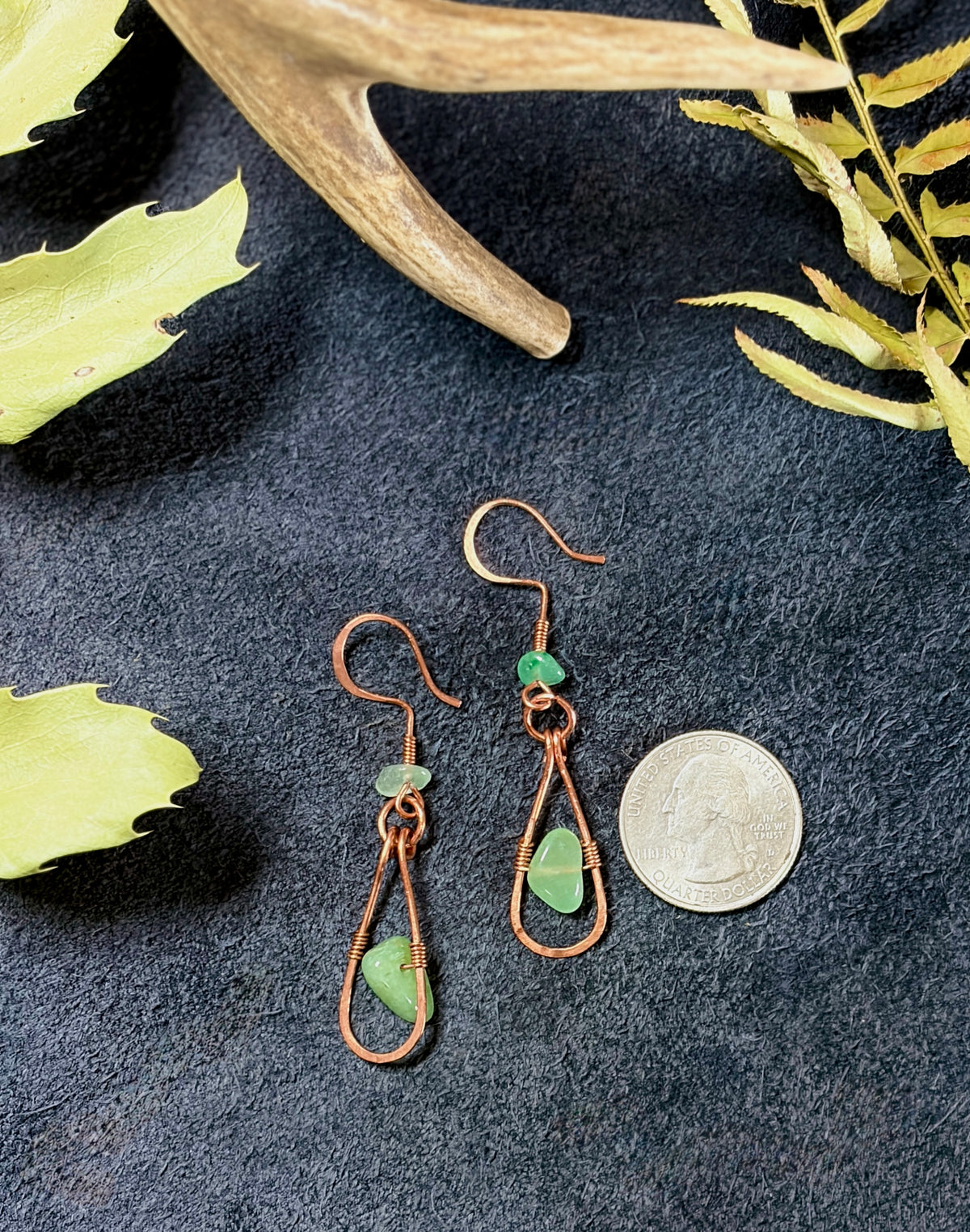 Copper Teardrop Earrings wrapped with Green Aventurine