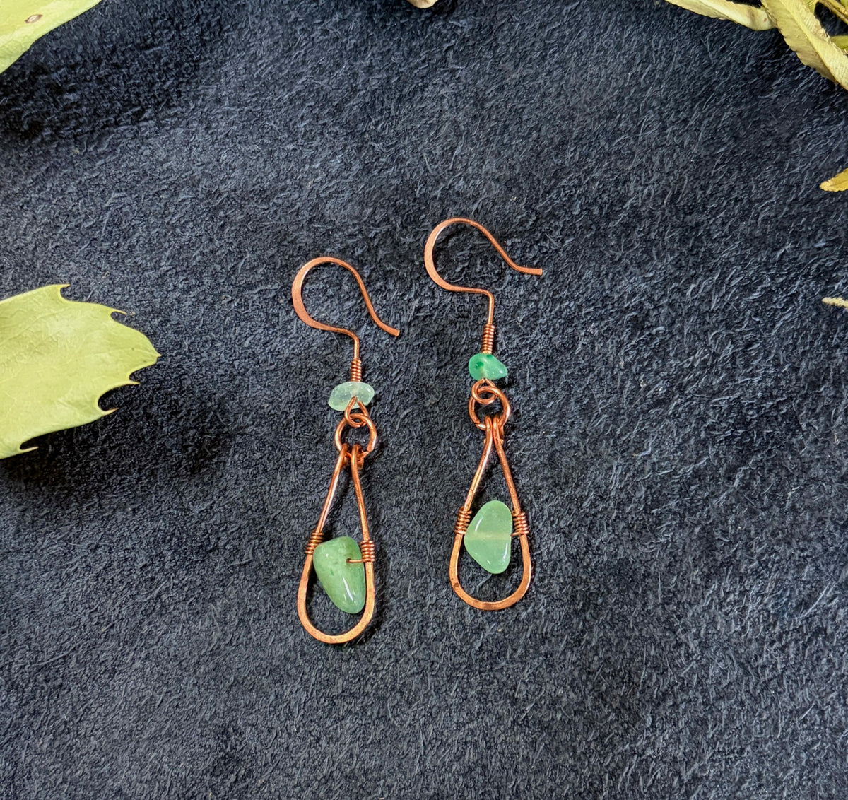 Copper Teardrop Earrings wrapped with Green Aventurine