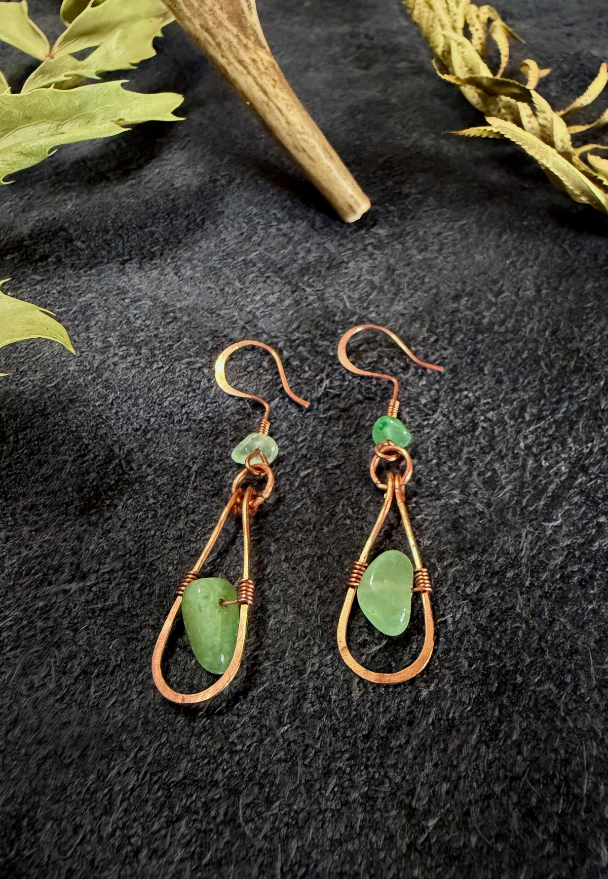 Copper Teardrop Earrings wrapped with Green Aventurine