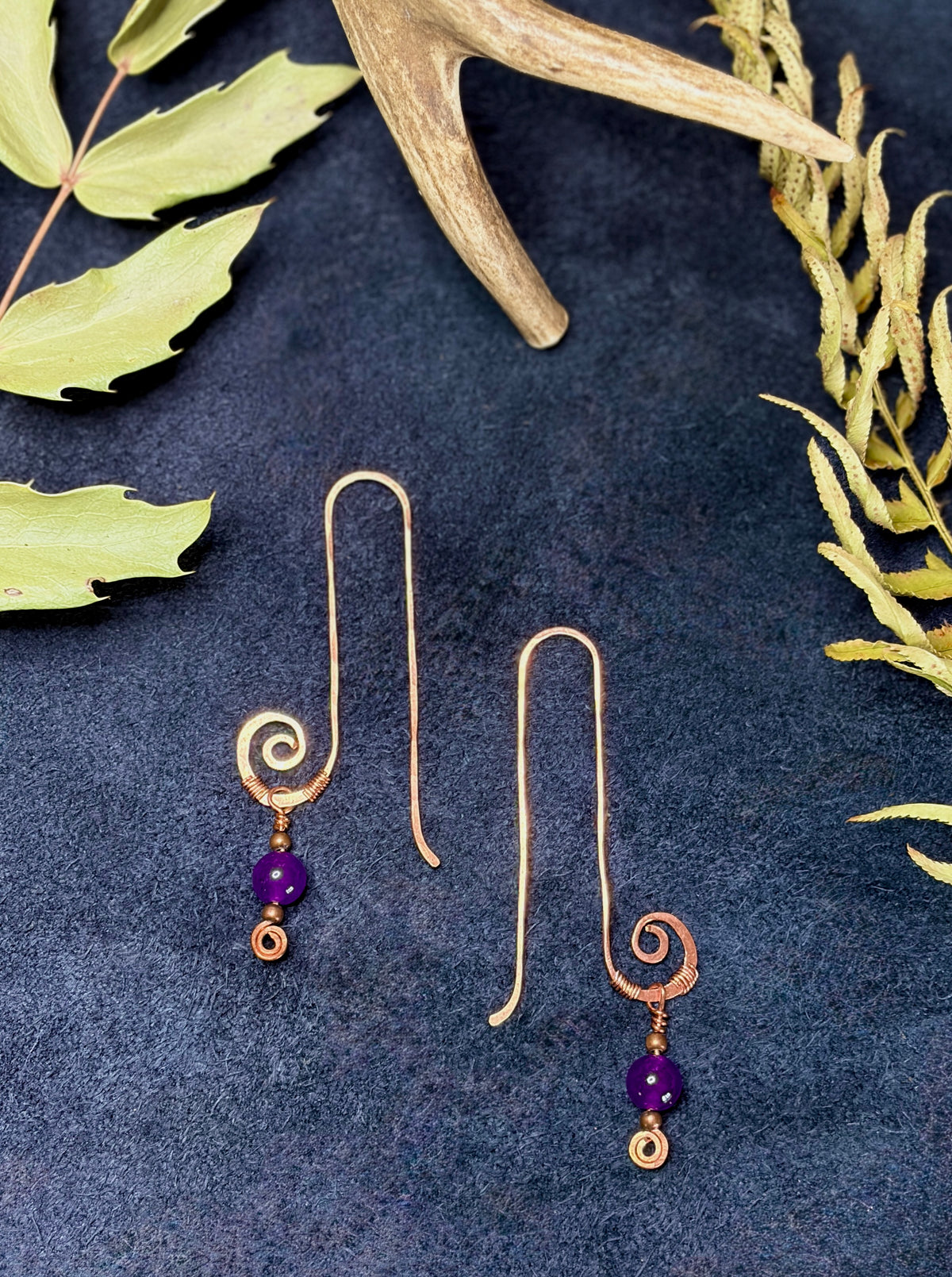 Long Hammered Copper Threader Earrings with Amethyst | Handmade Spiral Drops