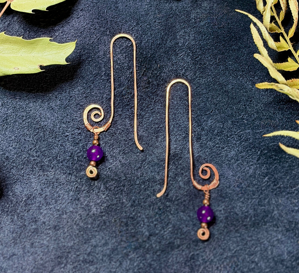 Long Hammered Copper Threader Earrings with Amethyst | Handmade Spiral Drops