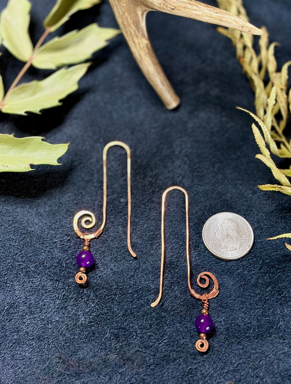Long Hammered Copper Threader Earrings with Amethyst | Handmade Spiral Drops