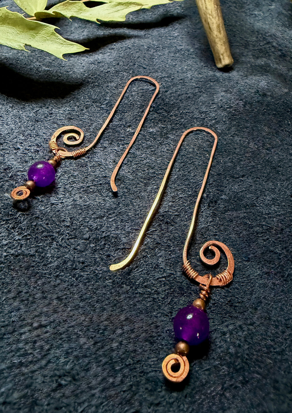 Long Hammered Copper Threader Earrings with Amethyst | Handmade Spiral Drops
