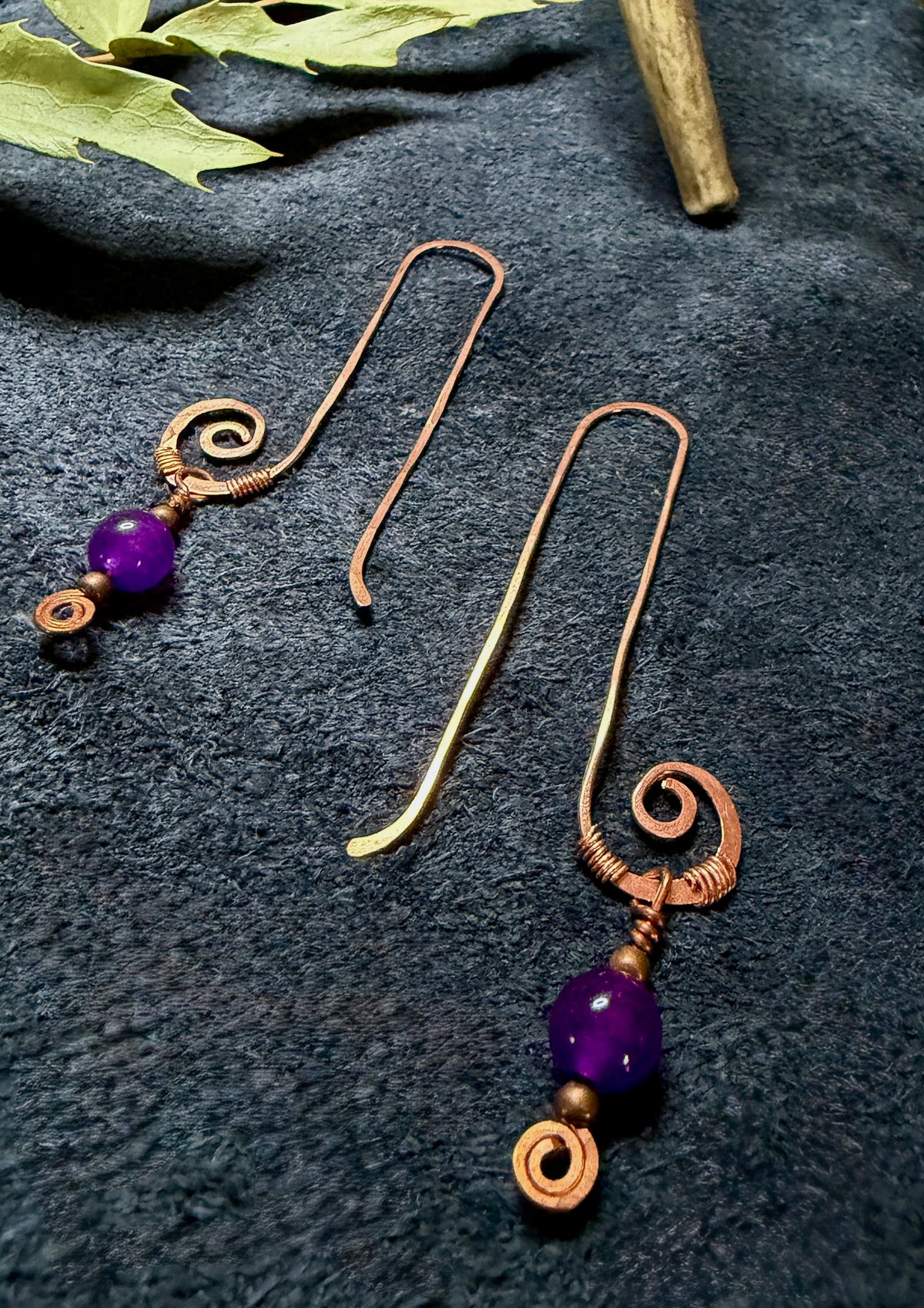 Long Hammered Copper Threader Earrings with Amethyst | Handmade Spiral Drops