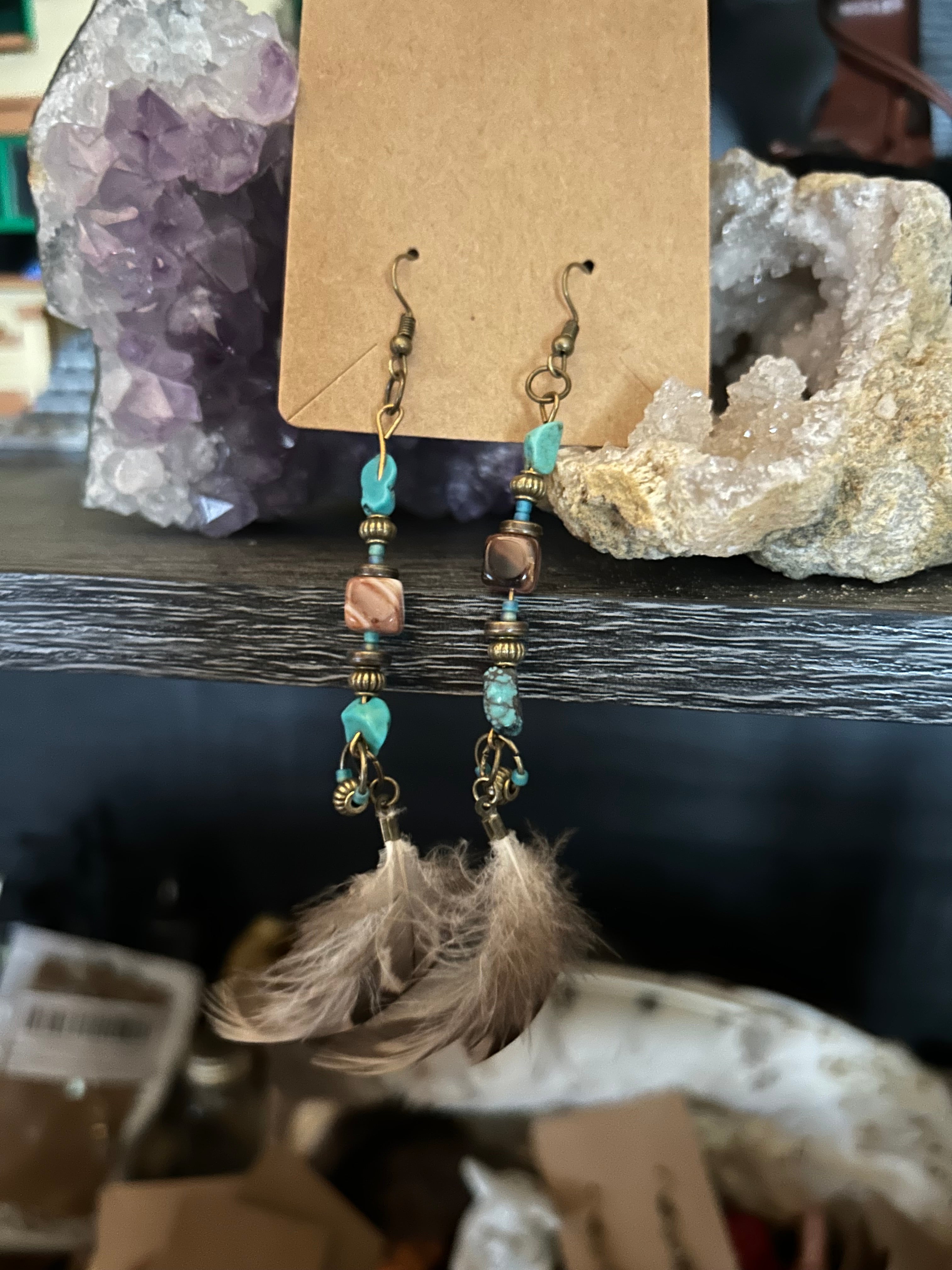 Cube Agate & Turquoise Dangle Earrings with Feather Accents