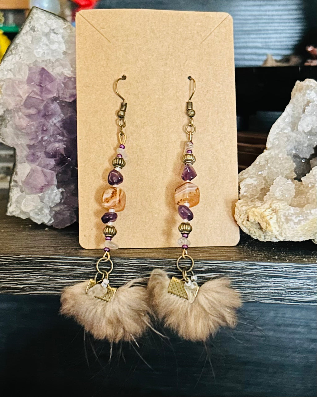 Botswana Agate & Amethyst Dangle Earrings with Beaver Fur Puffs