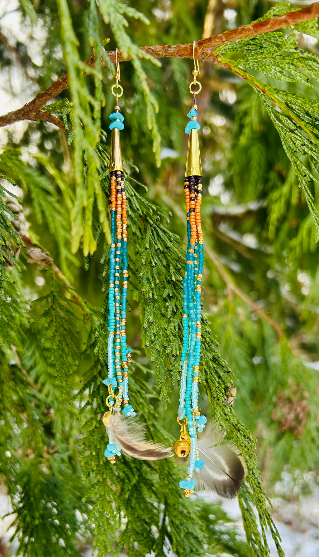 Ex-lg turq & gold fringe dangles with feathers