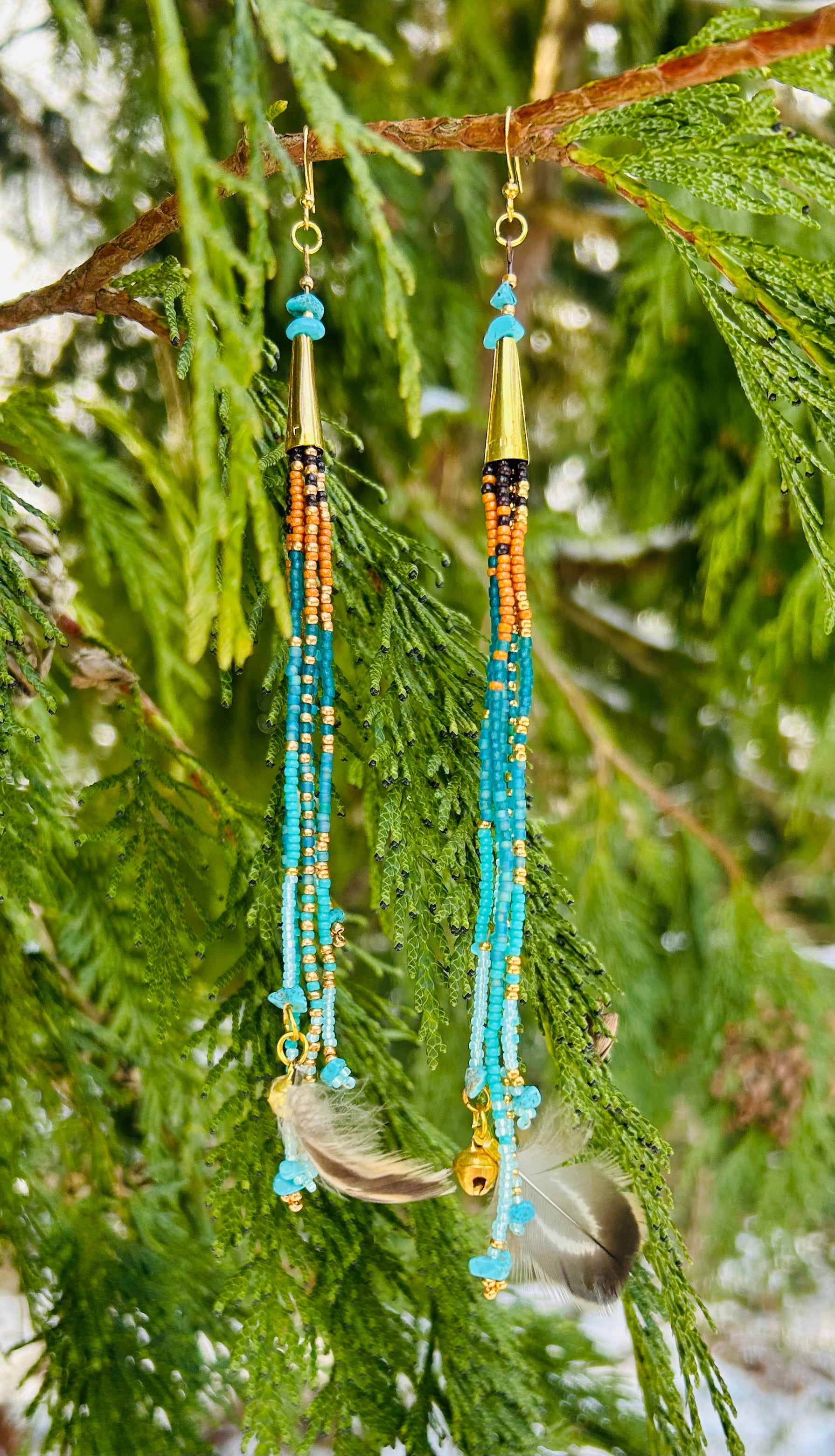 Ex-lg turq & gold fringe dangles with feathers