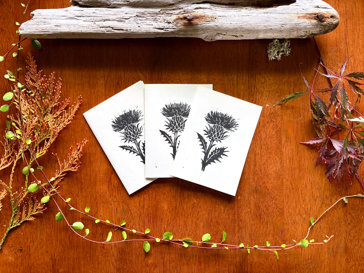 Hand-Printed Thistle Greeting Card on Ivory Paper with Envelope, 4 × 5 Inch