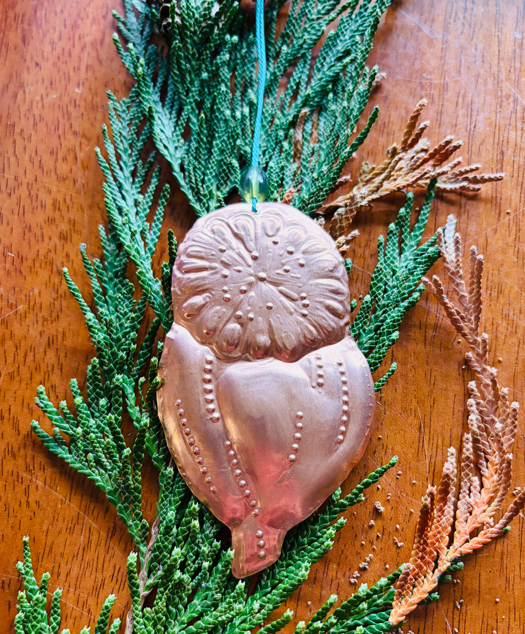 Handmade Copper Seed Pod Ornament | Embossed Botanical Christmas Decoration