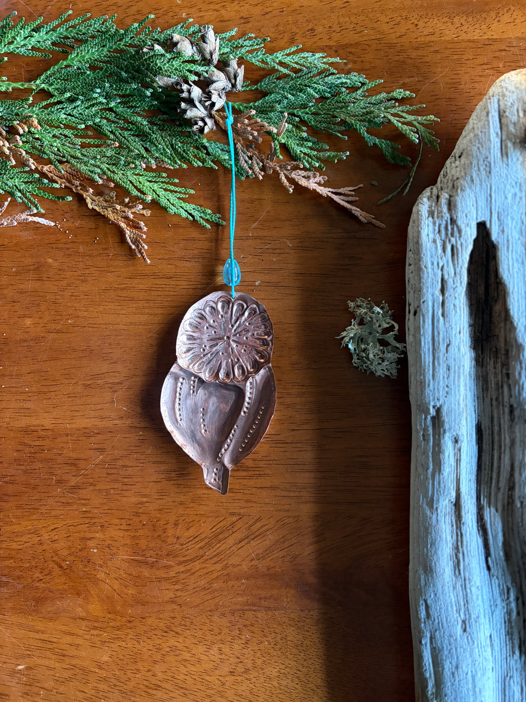 Handmade Copper Seed Pod Ornament | Embossed Botanical Christmas Decoration