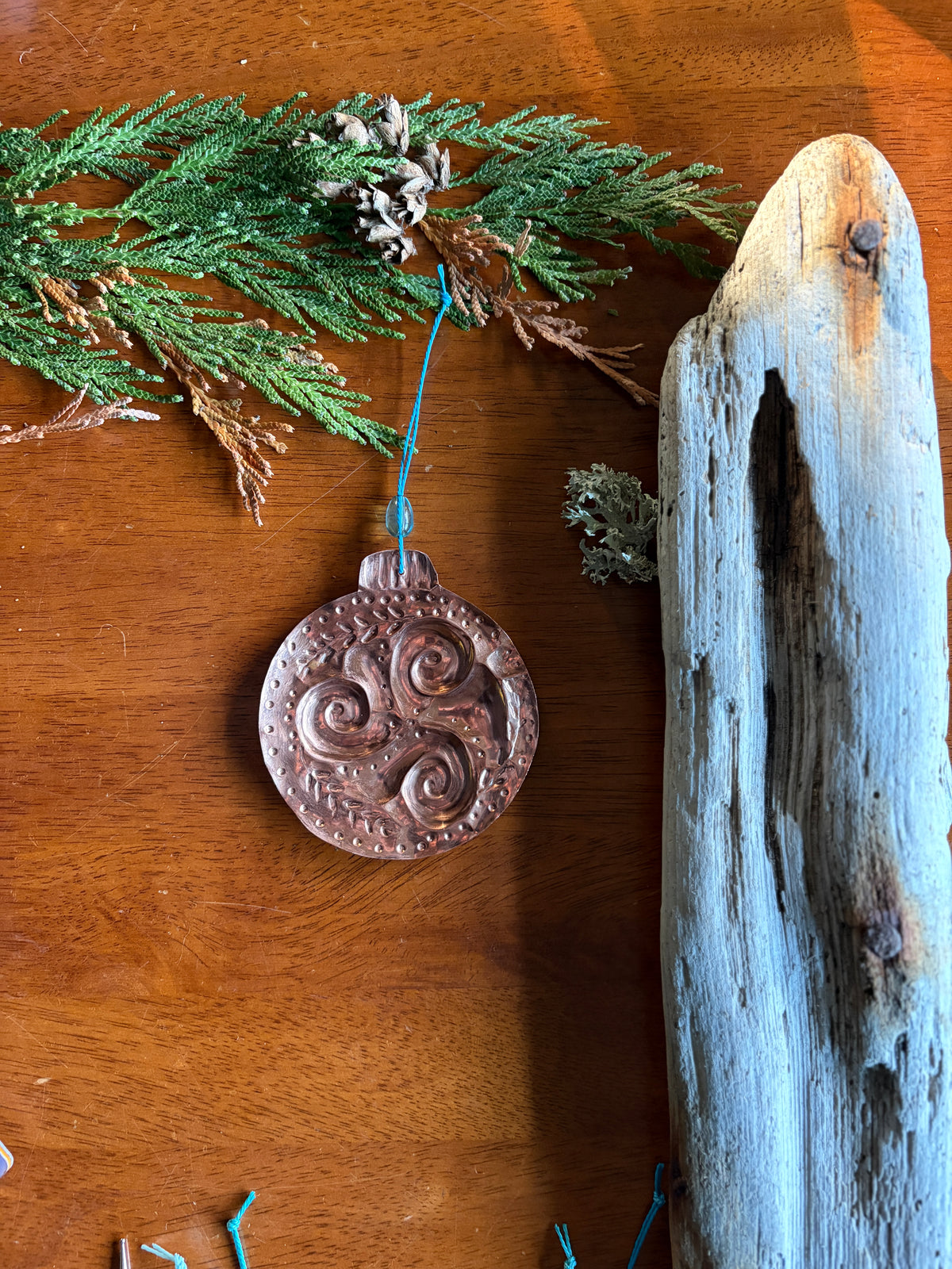 Botanical Triskele Christmas Ornament | Hand Embossed Copper Folk Art Decor