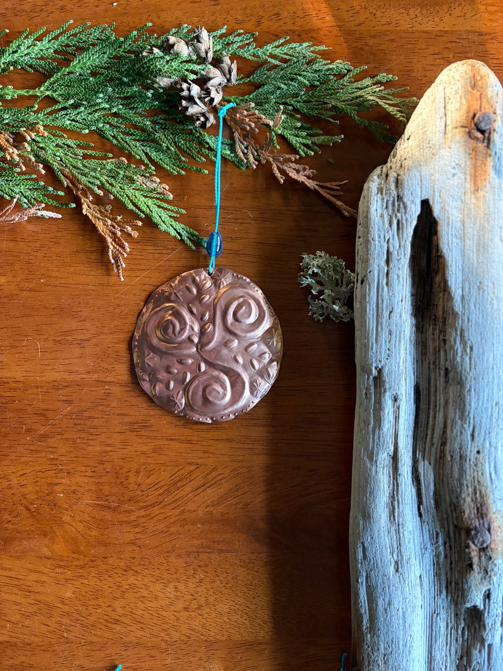 Botanical Triskele Christmas Ornament | Hand Embossed Copper Folk Art Decor
