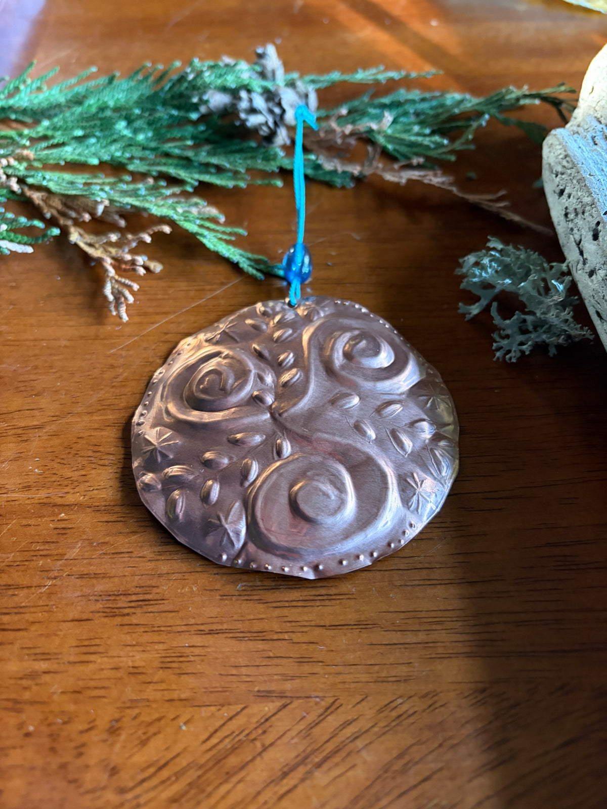 Botanical Triskele Christmas Ornament | Hand Embossed Copper Folk Art Decor