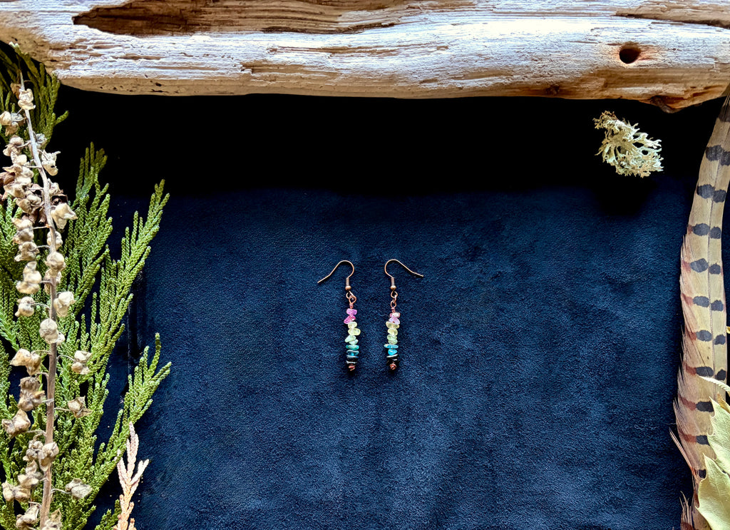 Rainbow Tourmaline Chip Dangle Earrings | Handmade Copper