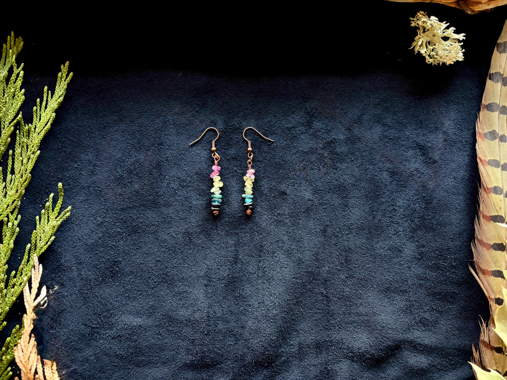 Rainbow Tourmaline Chip Dangle Earrings | Handmade Copper