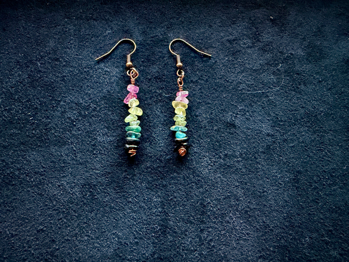 Rainbow Tourmaline Chip Dangle Earrings | Handmade Copper