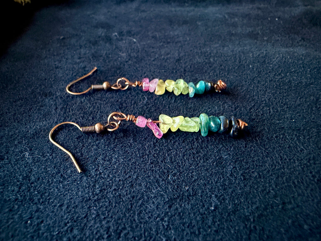 Rainbow Tourmaline Chip Dangle Earrings | Handmade Copper