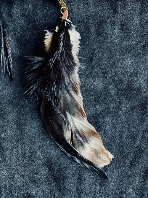 Fluffy Black Hackle Feather with a striped Fancy Rooster Feather