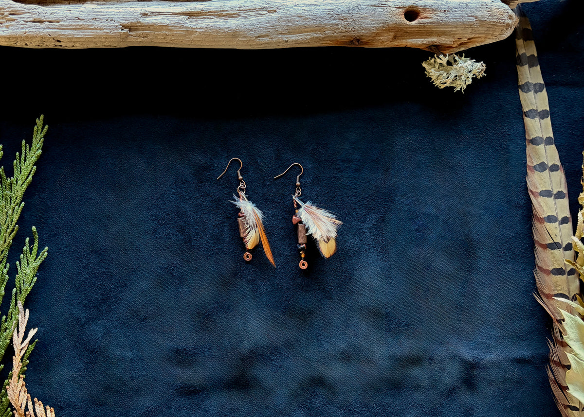 Red Jasper & Quail Feather Dangle Earrings | Hammered Copper