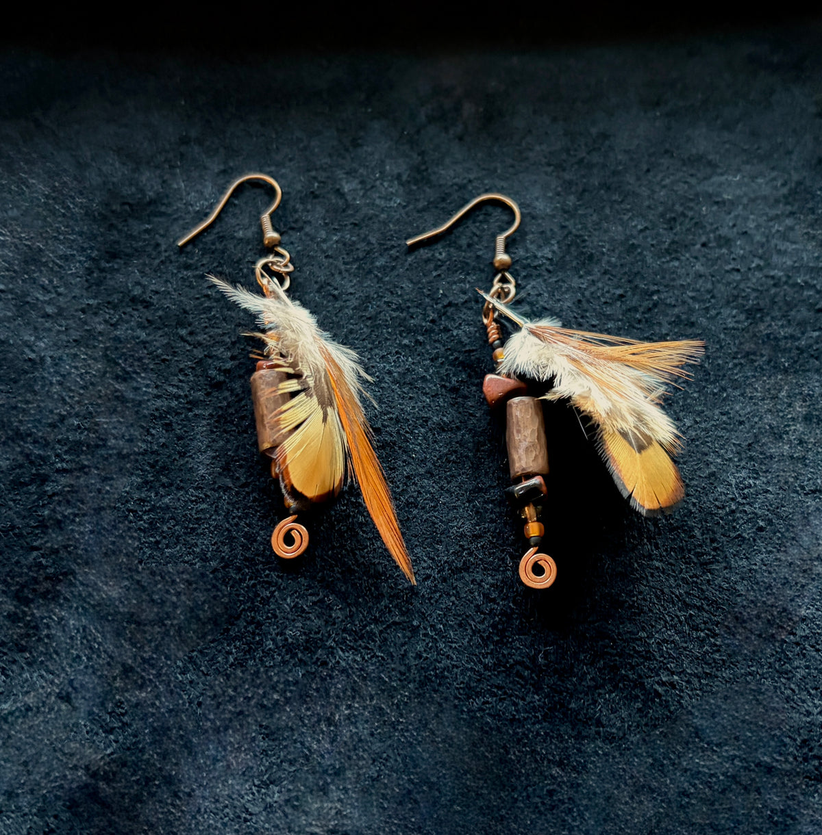 Red Jasper & Quail Feather Dangle Earrings | Hammered Copper
