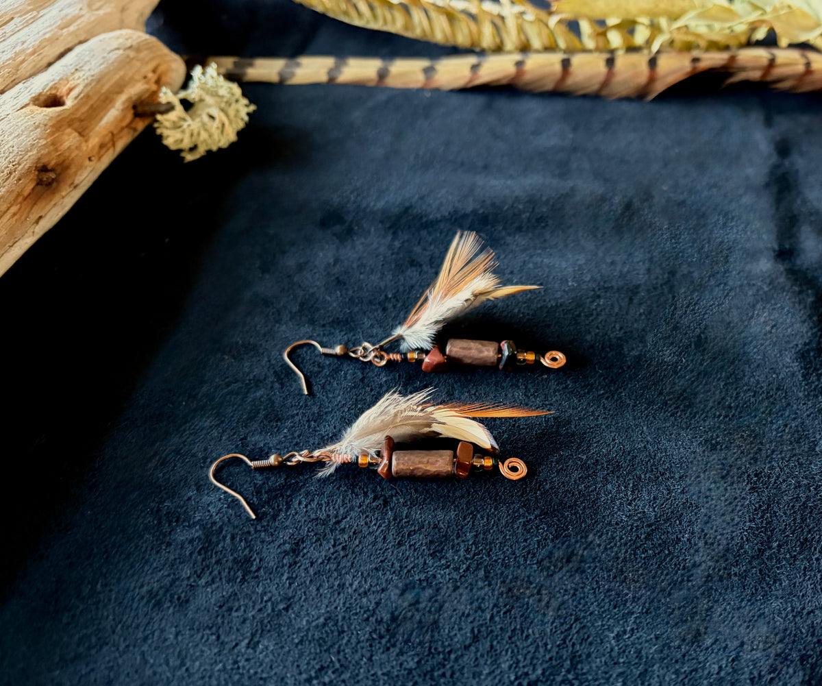 Red Jasper & Quail Feather Dangle Earrings | Hammered Copper